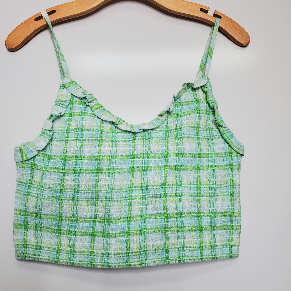 COTTON ON Plaid Green Crop Shirred Top Blouse Cotton Ruffle Size Medium Summer